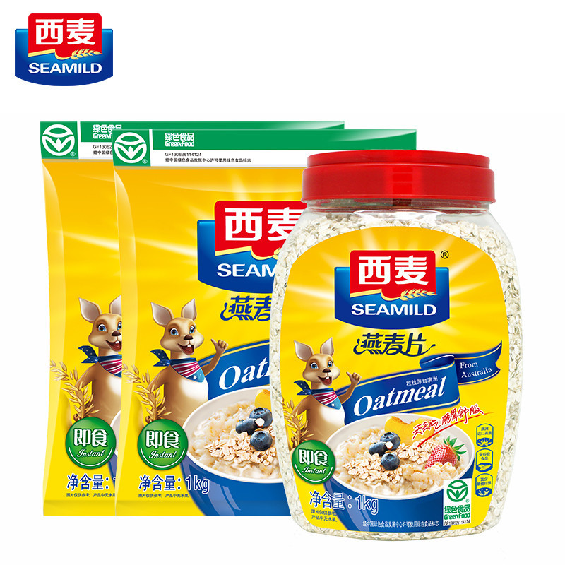 西麦纯燕麦片1000g*2袋装+即食1000g桶装 即食免煮无蔗糖 营养谷物早餐饱腹代餐