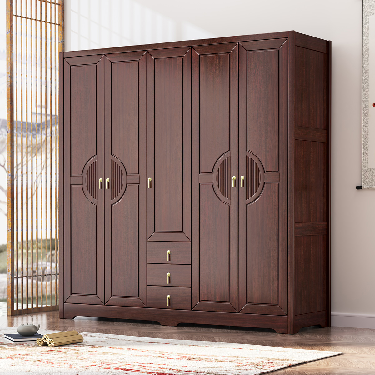 采百木(caibaimu)紫金檀木衣柜新中式全实木大容量衣橱五门带抽屉卧室