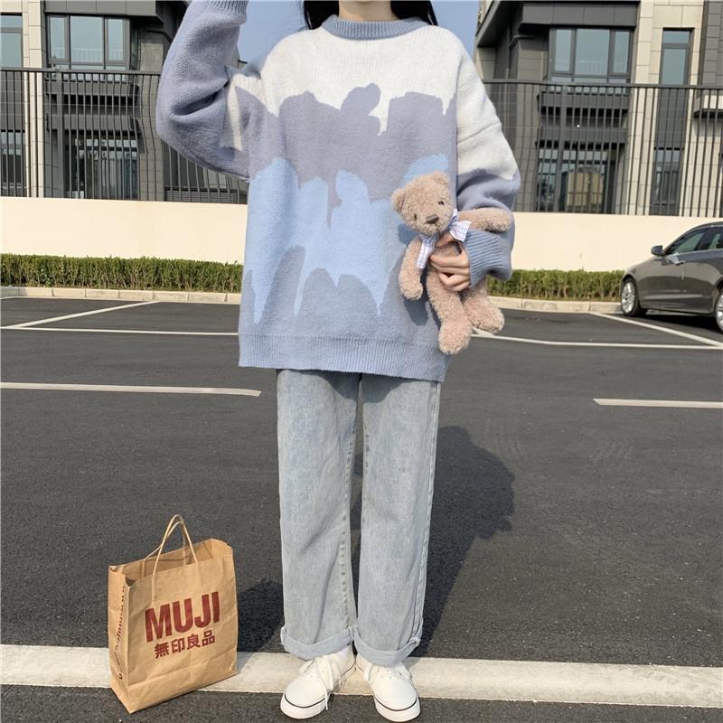 冬季保暖学院风bf圆领拼接毛衣女学生韩版宽松中长款针织衫外套潮