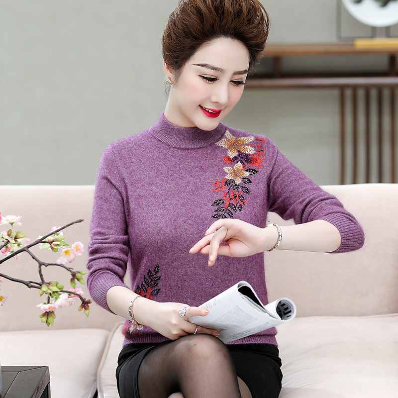 正品EERDS羊绒衫毛衣女妈妈装洋气打底衫上衣中年女士毛衣老年人冬季羊绒衫半高领中老年貂绒毛衣女打底衫加肥加大码女装高清大图