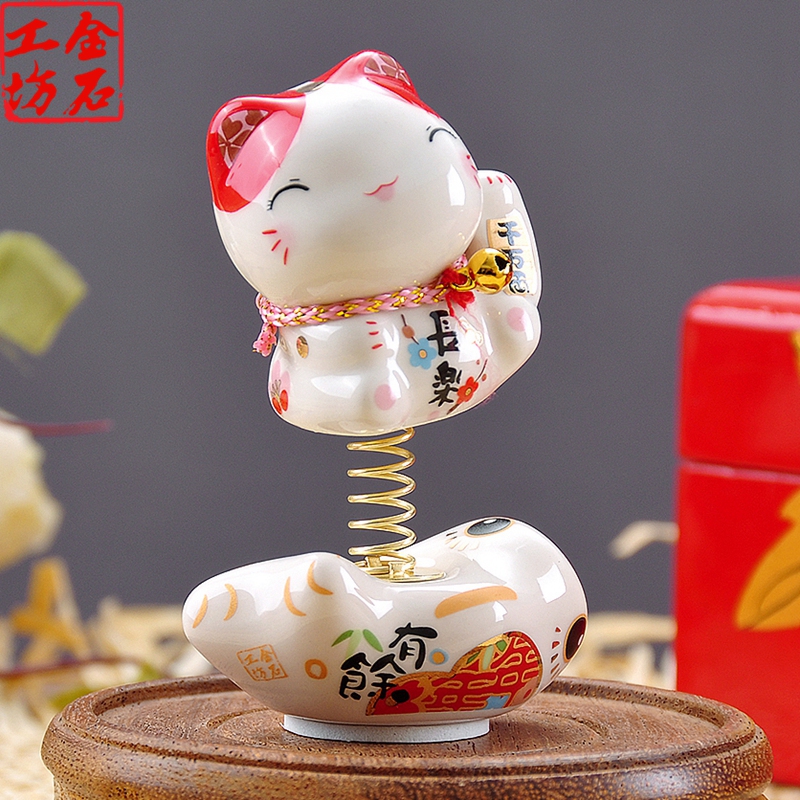 猫汽车摆件弹簧公仔陶瓷摇头娃娃车仔送朋友平安车饰 三维工匠 SE6019常乐坚持猫高清大图