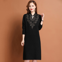 加厚新中式国风改良旗袍包臀长裙子女春秋大码收腰针织打底羊绒连衣裙红色旗袍裙气质长款复古高级感敬酒服连衣裙 901黑色 L