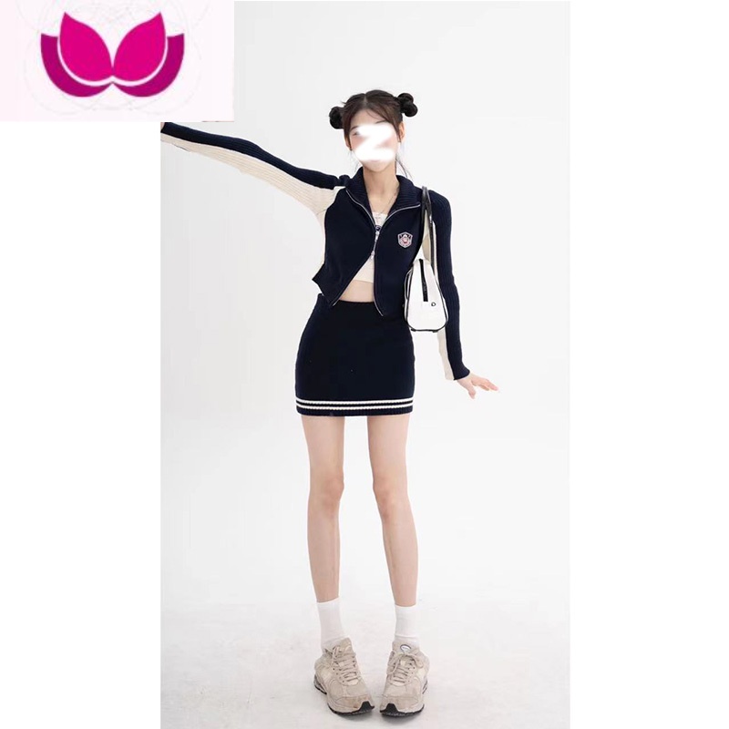 七斓美式学院风休闲时尚套装女高级感网红炸街运动半身裙三件套 XL 开衫+短裙