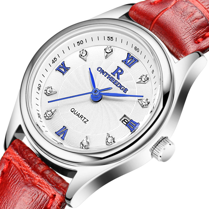 正品瑞之缘超薄手表生活防水商务真皮带时尚气质女人石英手表女士手表 红带白底银边