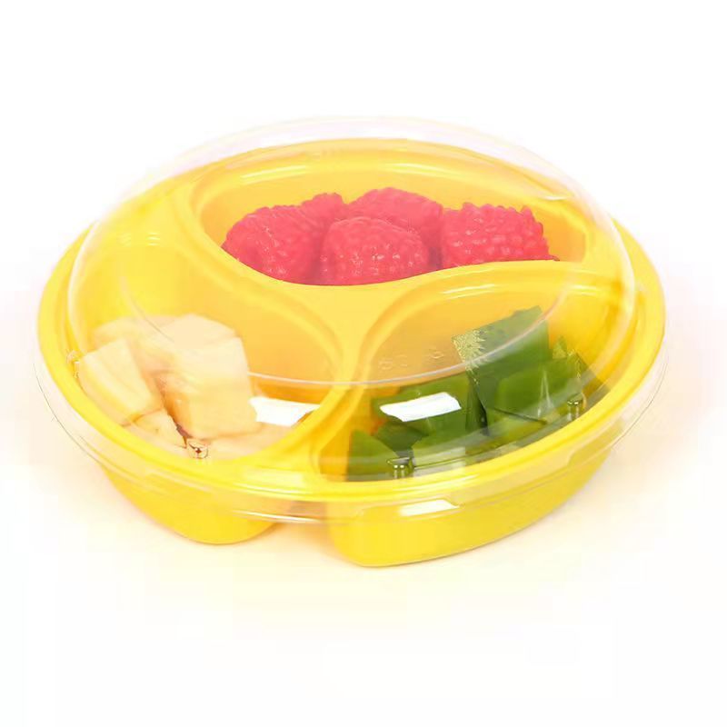 300克三格10个装 一次性水果盒子塑料透明鲜果切拼盘包装盒圆形水果捞