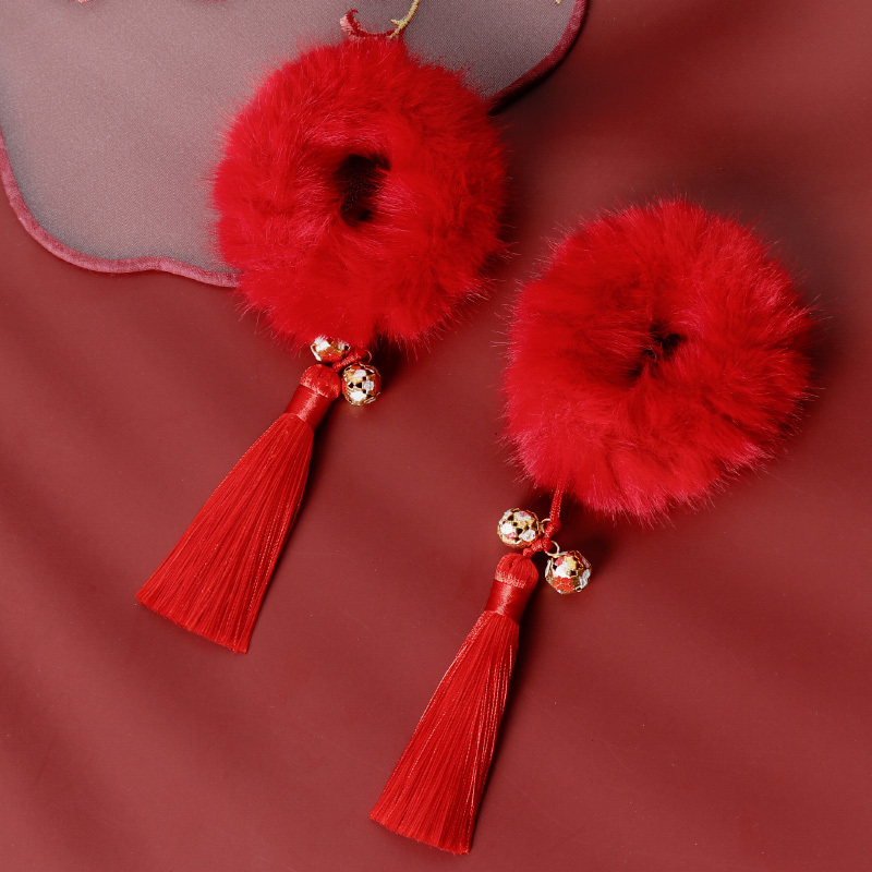 七色王国女童新年发饰红色毛绒球女孩拜年头花喜庆儿童中国风过年头饰