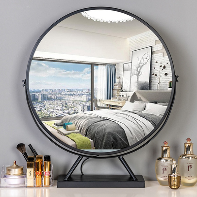 铁艺台式桌面化妆镜梳妆闪电客台可调圆形大号卧室网红美妆镜子视频