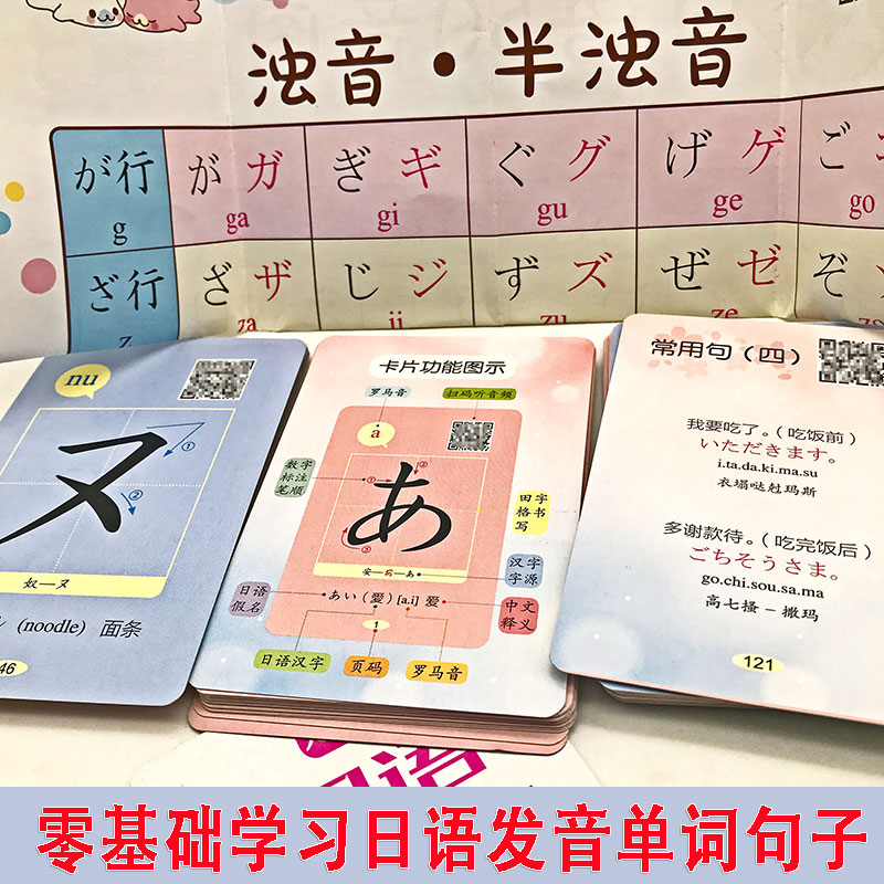 [正版]日语50音图记忆卡片日语自学零基础日语入门浊音半浊音拗音的平假名和片假名发音单词句子会话教程五十音图卡片实用单词高清大图