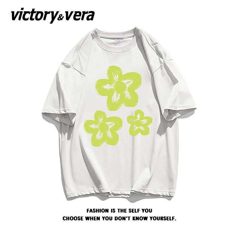 VICTORYVERA设计感花朵印花T恤女ins风盐系纯棉短袖夏季新款上衣