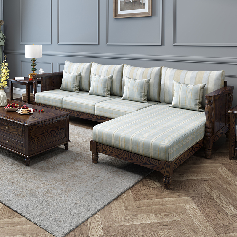 白蜡木美式沙发中小户型贵妃转角布艺521沙发1 2 3沙发组合简约客厅