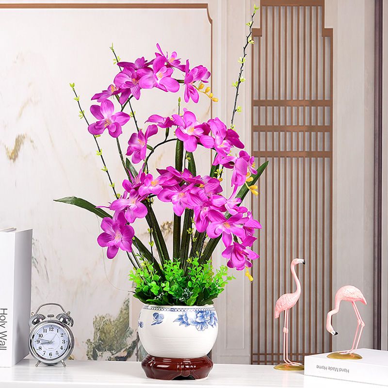方盆香雪兰白色 仿真花套装蝴蝶兰花假花盆栽客厅电视柜装饰花客厅室内摆件塑料花