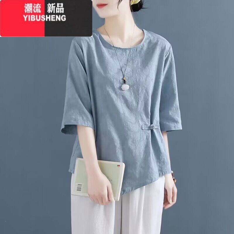 YIBUSHENG提花棉麻上衣女短袖t恤款盘扣文艺复古宽松显瘦不规则衣服
