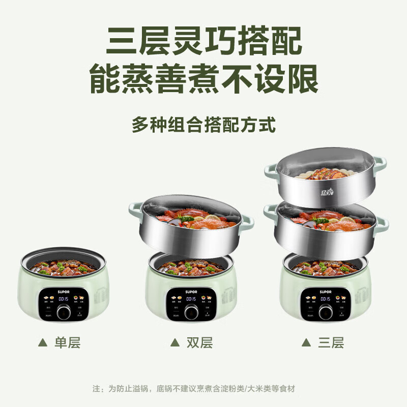 苏泊尔(SUPOR)电锅一体多功能锅蒸锅电蒸锅炖蒸煮一体火锅15升三层大容量智能预约上蒸下煮分离式底锅ZN28YC908高清大图
