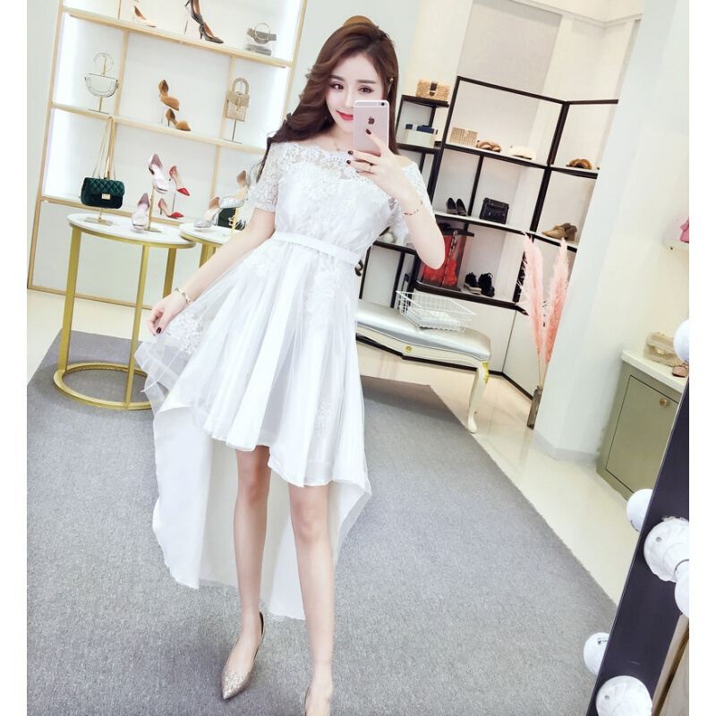 连衣裙女夏2018新款韩版修身显瘦一字肩短袖宴会前短后长中长裙潮白色