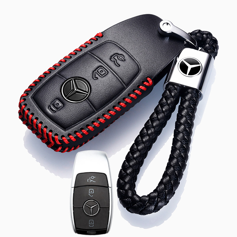 【补贴10%】适用于2020款奔驰E300L钥匙套E260L E200 E350真皮汽车专用钥匙包汽车钥匙包 奔驰E款黑红色+绳（智能三键）