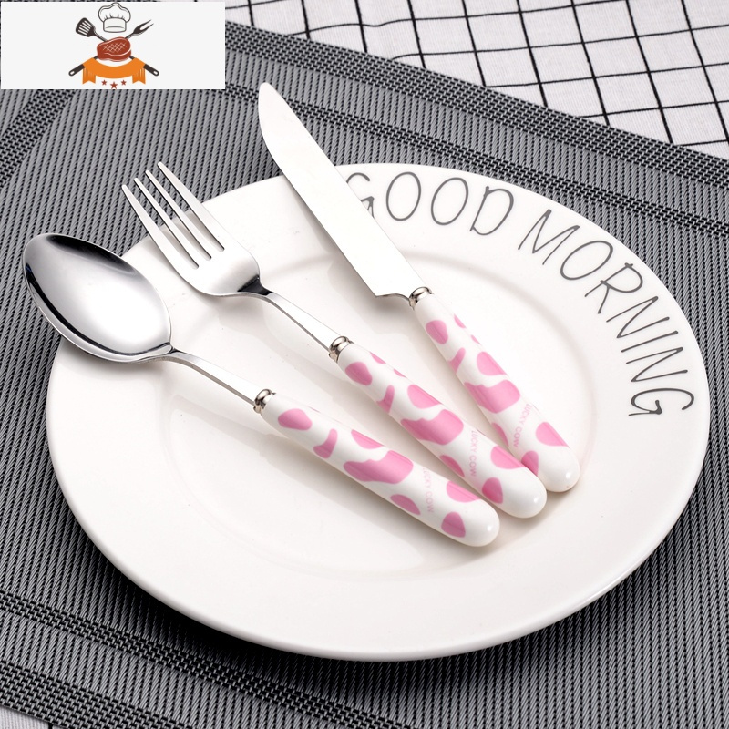 创意刀叉勺西餐套装不锈钢餐具三件套牛排刀子西餐刀叉勺子牛扒刀 粉牛[1刀1叉1勺] 敬平