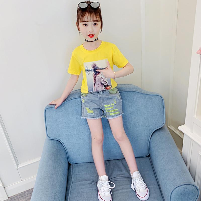 女童套装2021新款夏装儿童装时髦两件套8牛仔短裤T恤洋气韩版休闲 绿色体恤+牛仔短裤 110码 适合身高100-108