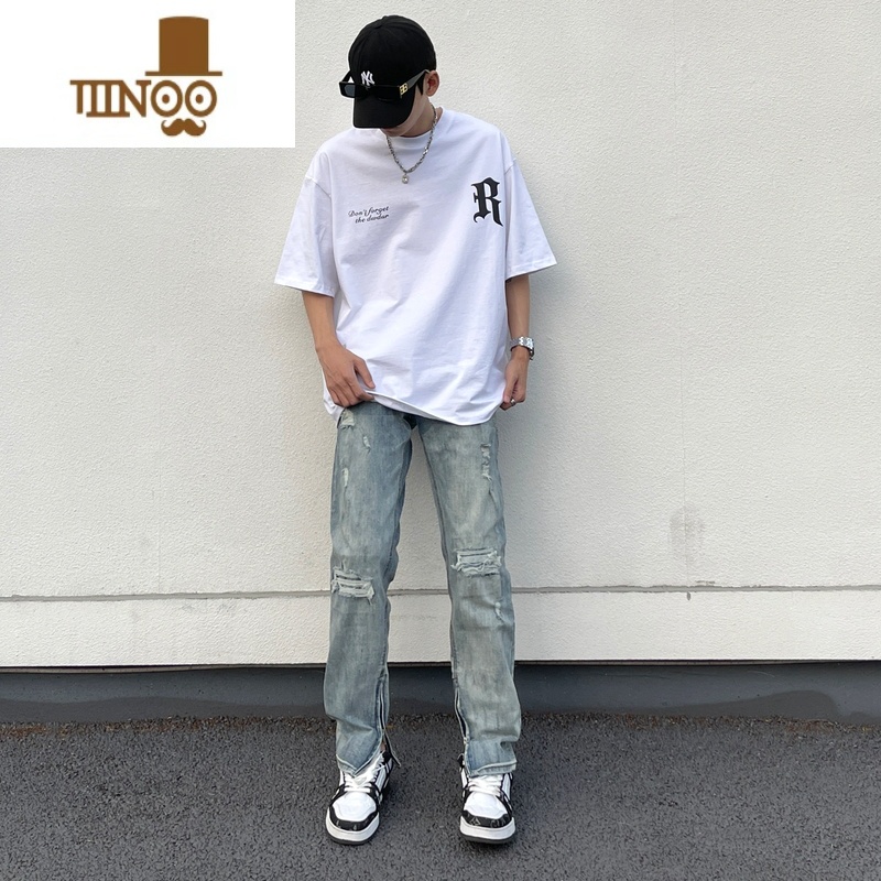 YANXU非潮勿近高街美式潮牌复古水洗破洞牛仔裤男宽松直筒vibeXY直高高清大图