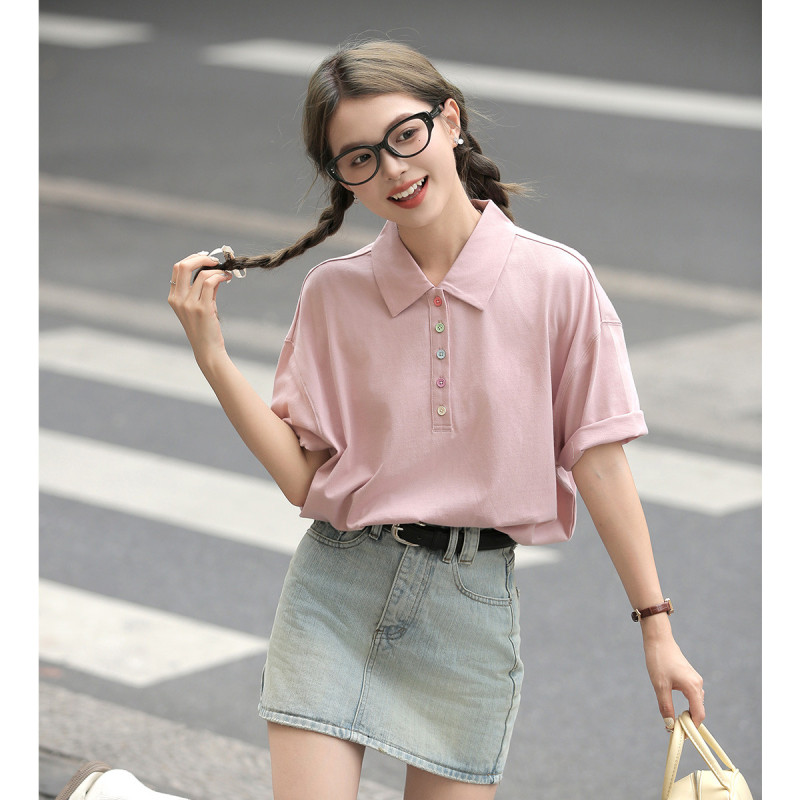 唐狮夏季女针织短袖净色polo衫简约百搭减龄学院风韩系潮