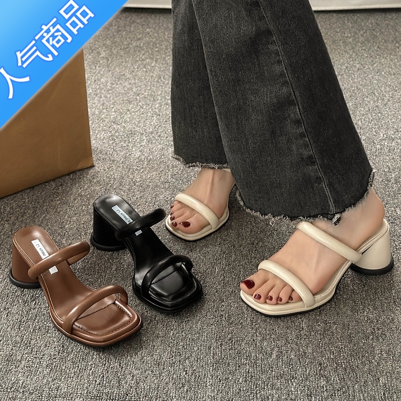 SUNTEK绝美高跟凉拖鞋女外穿2023新款夏季粗跟法式小众一字带女士凉鞋夏高清大图