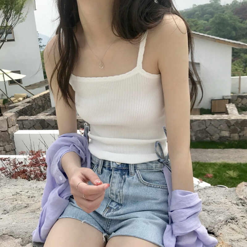 波迷娜(BOMINA)网红美背夏季心机小吊带性感百搭夏季韩版螺纹短款内搭小背心女 弹力修身显瘦针织吊带打底衫 黑色 均码