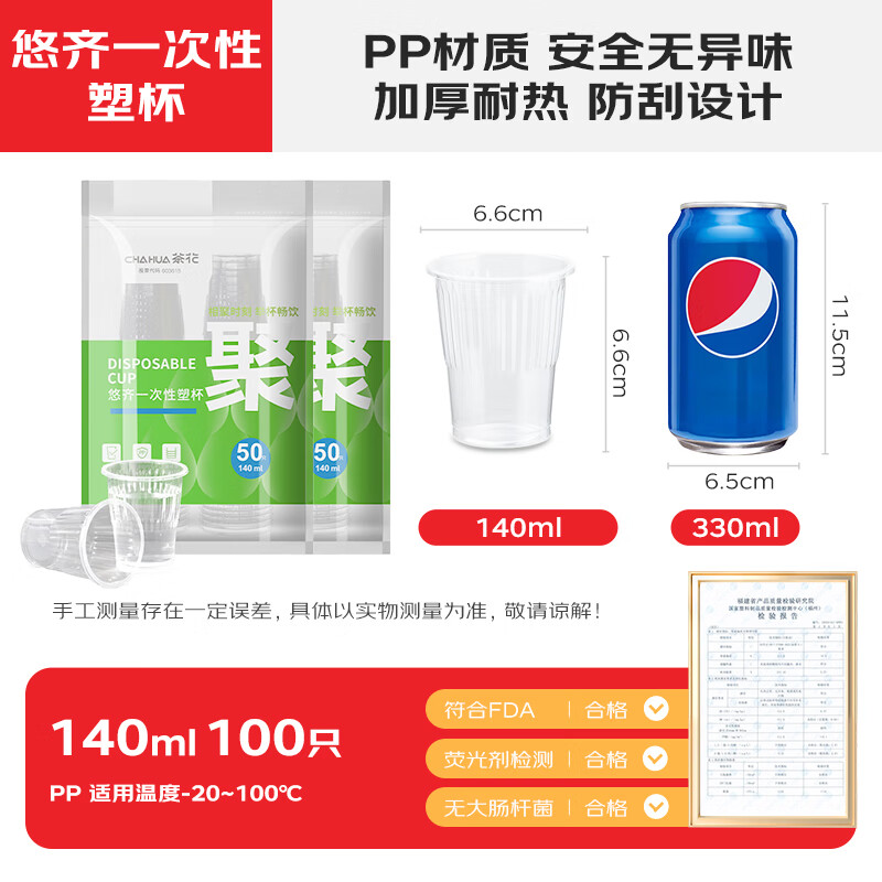 茶花(CHAHUA)航空杯一次性杯子加厚塑料杯pp透明塑料杯子家用100只140ML308001*2高清大图