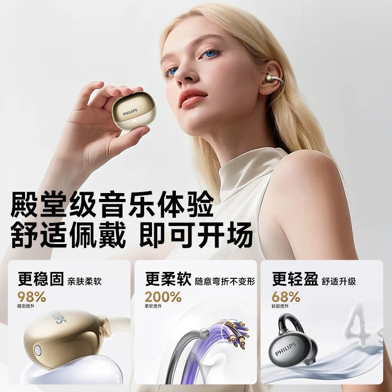 飞利浦TAT3469 无线蓝牙耳机耳夹式 运动跑步通话降噪 1副 白色高清大图