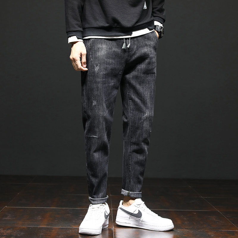 new lake秋季裤子男韩版潮流百搭弹力宽松哈伦裤男松紧腰黑色牛仔裤男