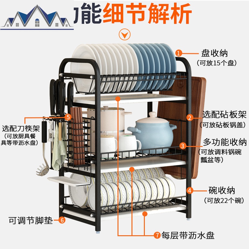 厨房置物架黑色不锈钢放碗架碗筷收纳盒碗碟盘子餐具沥水碗架用品 三维工匠高清大图