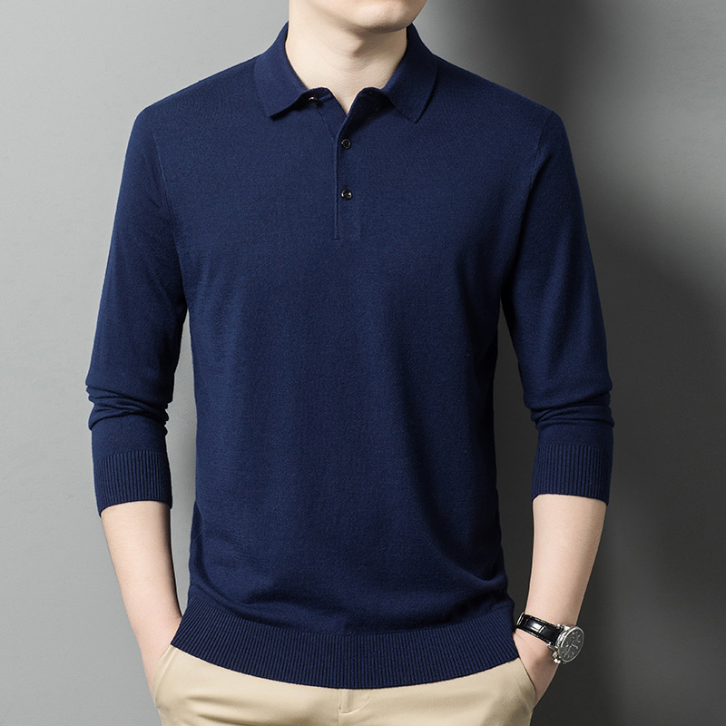 啄木鸟精纺80支羊毛衫春秋新款中年男士毛衣翻领长袖羊绒衫针织衫 E1188K上青 XL