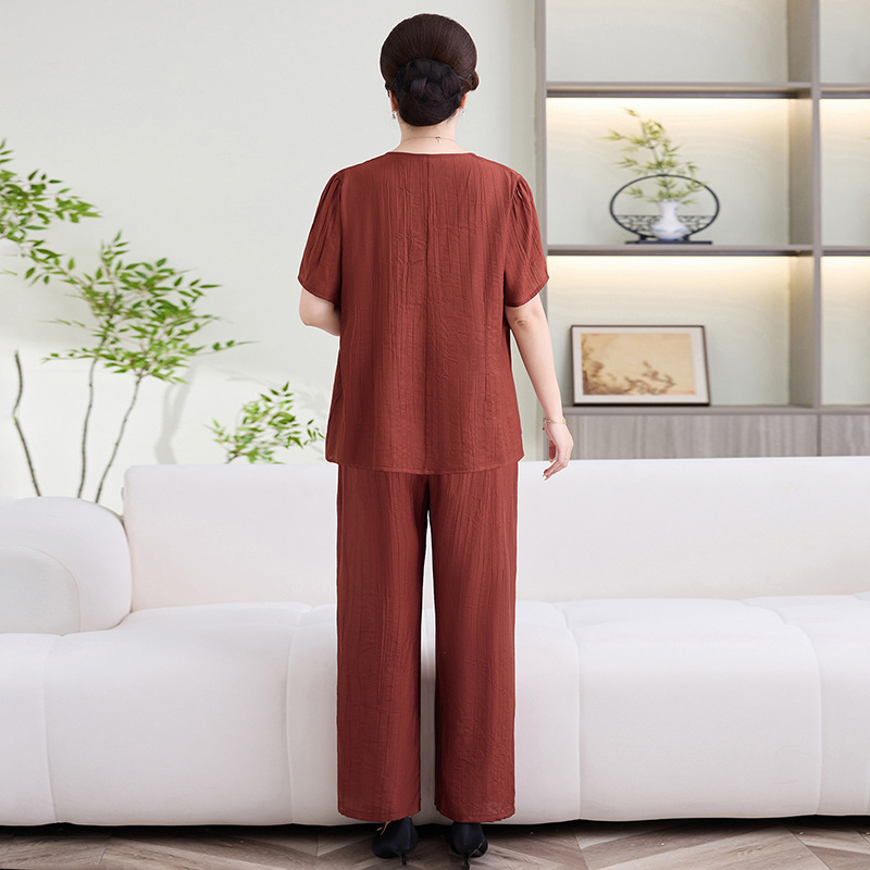 纤孜雅 母亲节妈妈短袖夏装套装老年人衣服加肥加大码胖老人夏季中年宽松高清大图