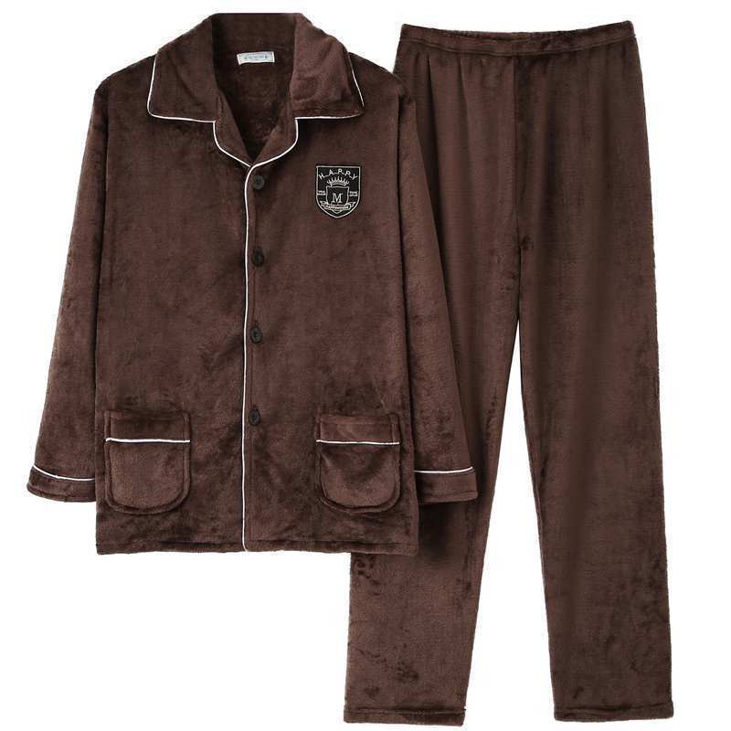 中老年法兰绒爸爸睡衣秋冬季男珊瑚绒加厚加绒保暖男士家居服套装