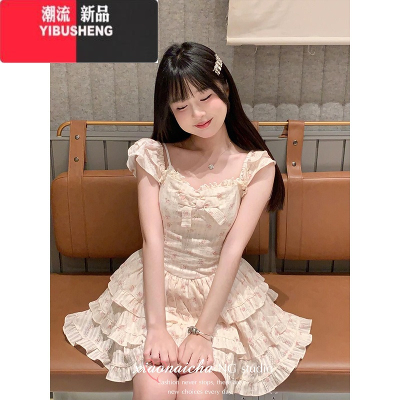 YIBUSHENG法式甜美小飞袖碎花连衣裙女季小个子蝴蝶结收腰在逃公主蓬蓬裙