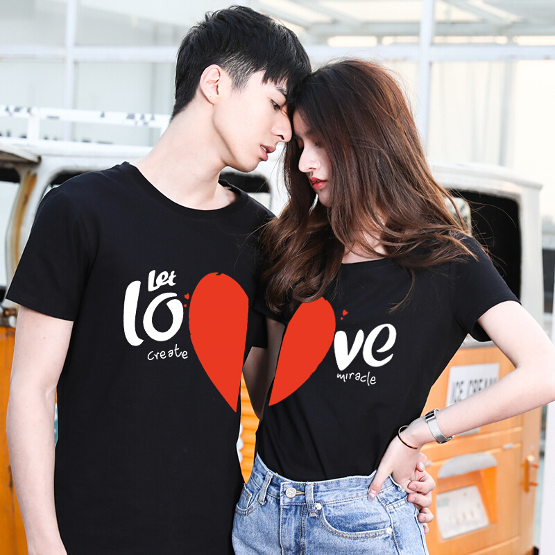 情侣装夏装套装t恤短袖宽松百搭半袖爱心出游qlz男女情侣款两件套白色