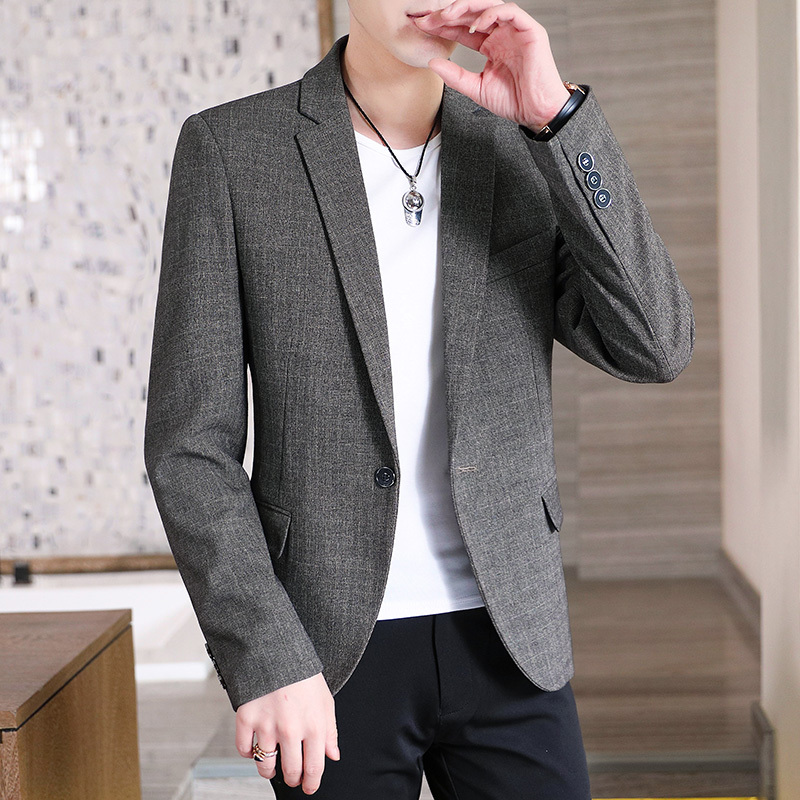 春季新款休闲西服外套男帅气潮流格纯色西装男青年痞帅修身单西上衣
