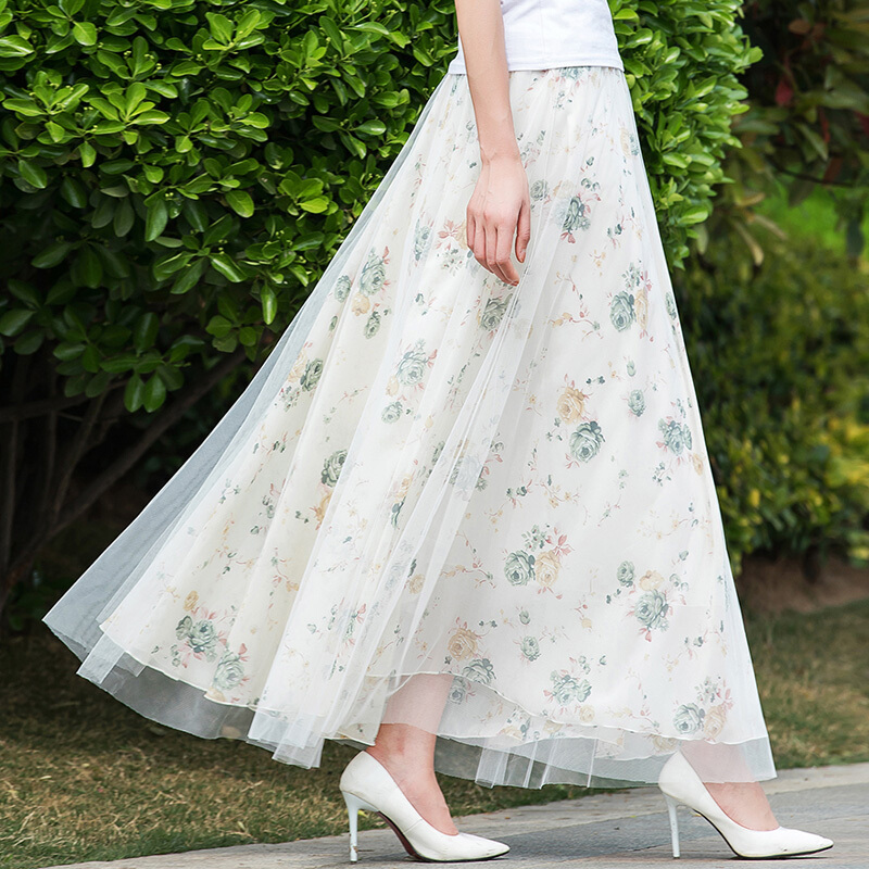 夏季网纱半身裙长裙女大摆显瘦裙子蕾丝碎花纱裙大码中长款蓬蓬裙
