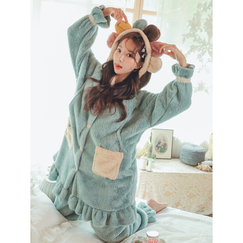 波迷娜(BOMINA)月子服睡衣怀孕期孕妇季女哺乳珊瑚绒11月份产后套装 9439#林-法兰绒-七色花蓝绿