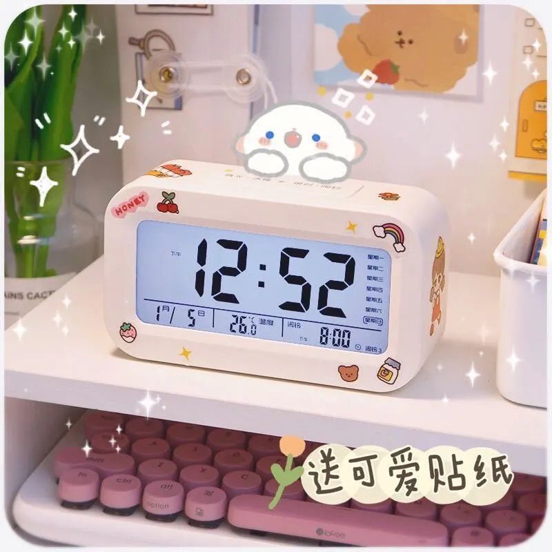 ins简约可爱学生创意闹钟智能儿童电子静音床头卧室夜光贪睡钟表 红色基础款[送可爱贴纸]
