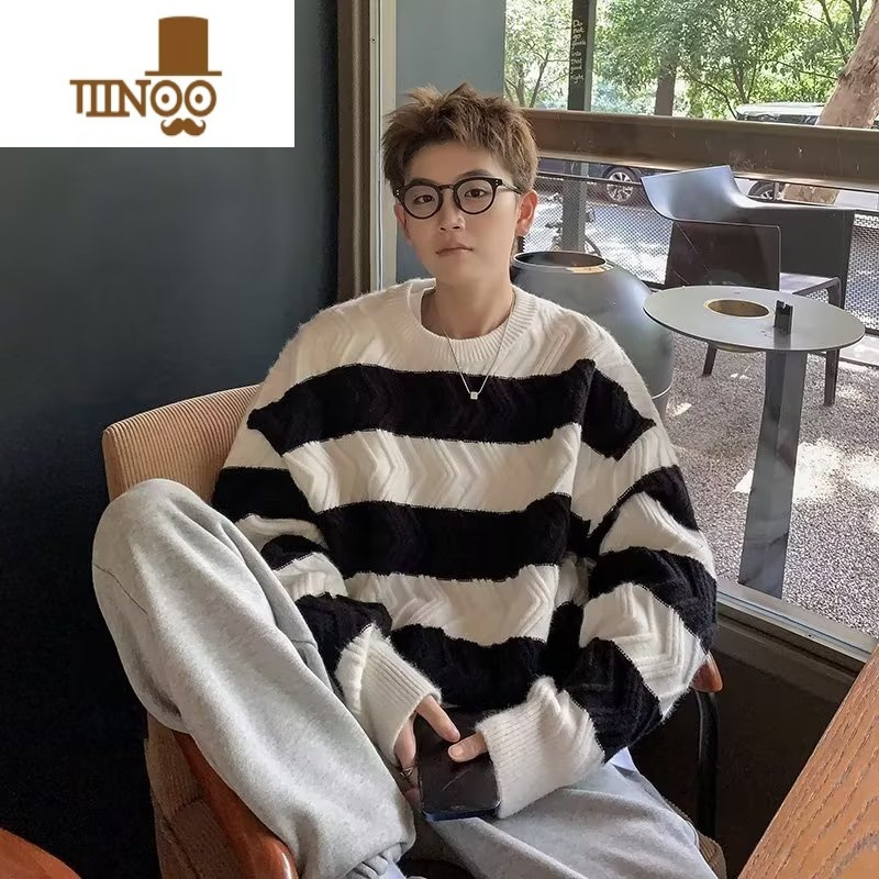 YANXU麻花毛衣男生款宽松慵懒风美式复古日系打底圆领针织衫上衣高清大图