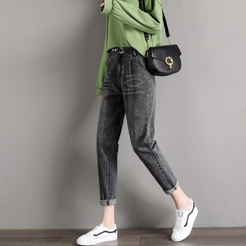 依岚胜语松紧高腰牛仔裤女哈伦裤秋冬季新款韩版显瘦弹力宽松老爹裤子
