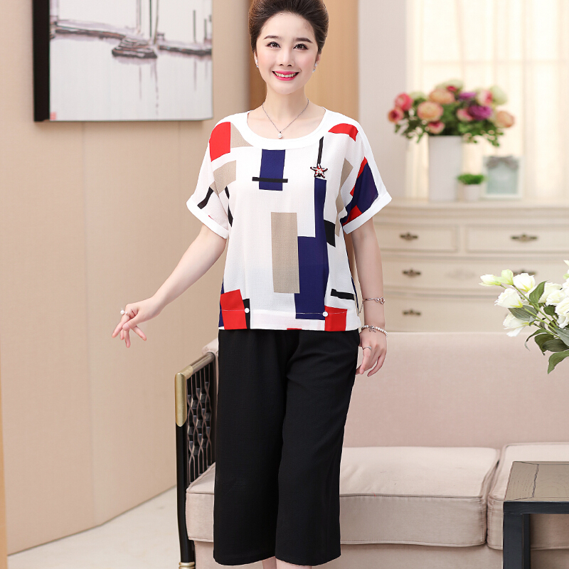 中老年套装女夏装两件套时髦妈妈短袖T恤女夏季雪纺上衣服婆婆装