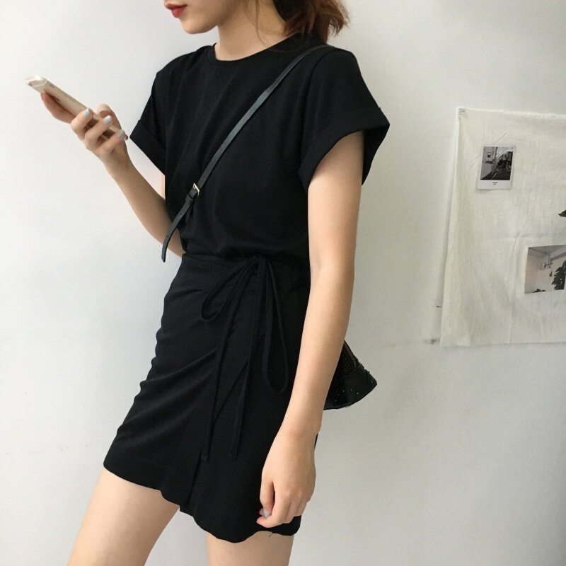 韩风Chic不规则拼接系带短袖连衣裙纯色套头休闲百搭连衣短裙 黑色 均码