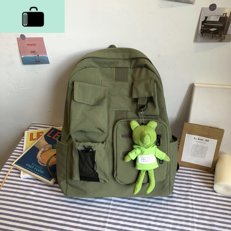 书包女韩版原宿ulzzang高中大容量初中生中学生bf风古着感双肩包NEW LAKE 军绿色+绿熊挂件