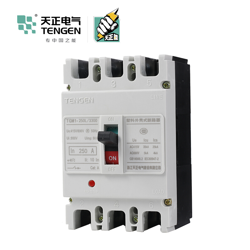 天正电气 TGM1-250 50KA 热磁式250A 3P 手动 固定式400VAC 01040076297塑壳断路器