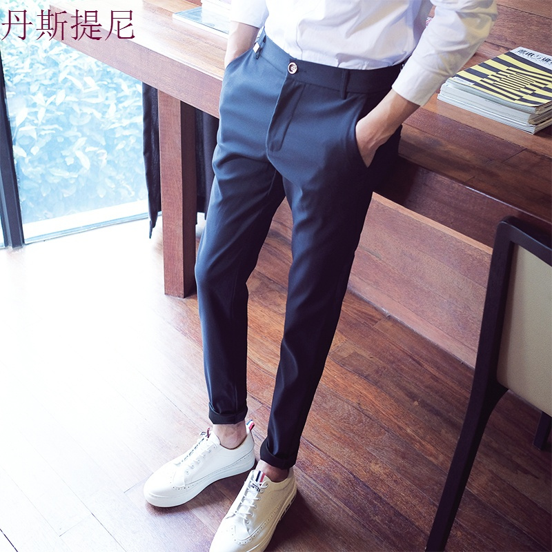 时尚男士休闲裤修身型英伦小脚裤长裤子韩版弹力夏季男土九分裤潮