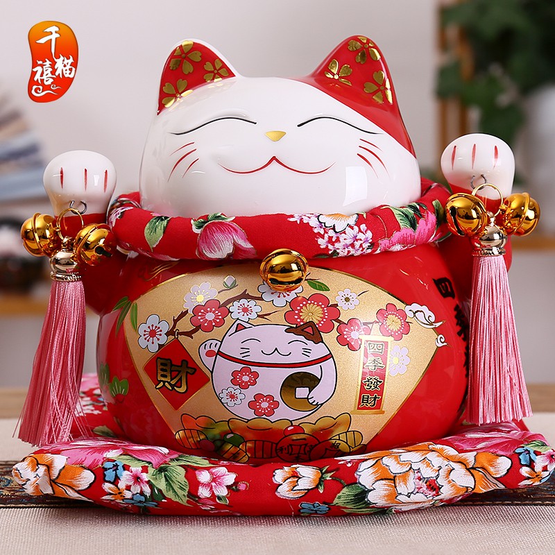 正版猫摆件店铺开业礼品小号红色发财猫陶瓷存钱储蓄罐 三维工匠 10寸四季发财喜猫猫高清大图