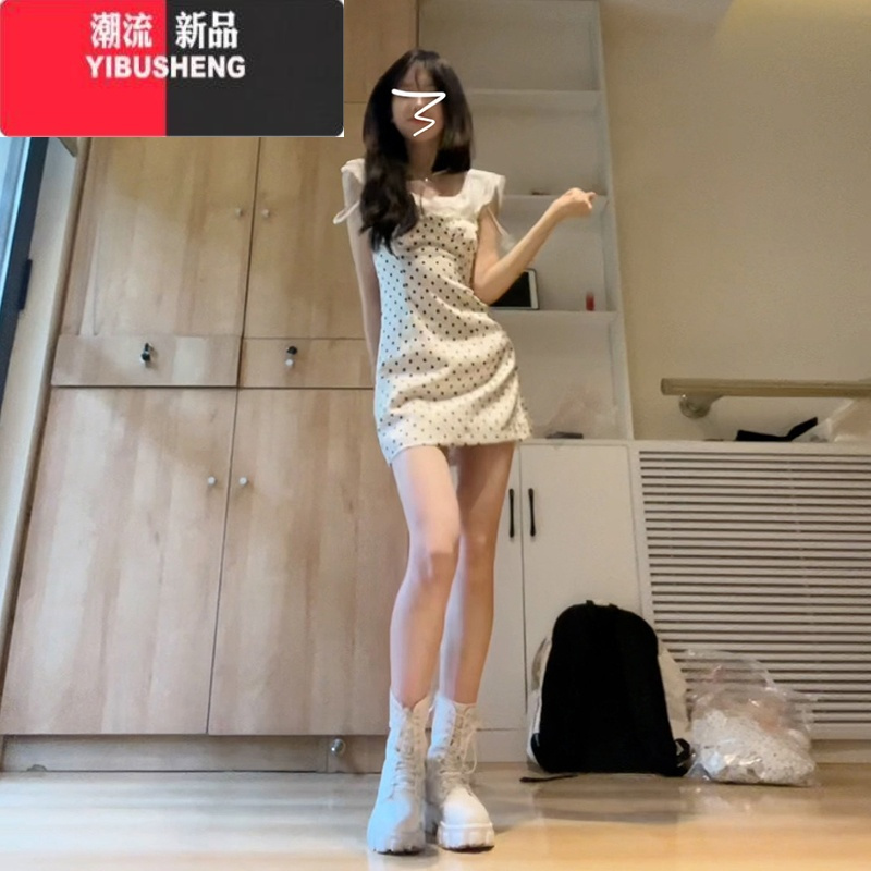 YIBUSHENG法式白色波点连衣裙子女装季2024新款小个子甜辣妹修身收腰短裙