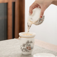 金镶玉功夫茶具套装茶壶茶杯陶羊脂玉白瓷整套家用礼品盒 描金山间流水