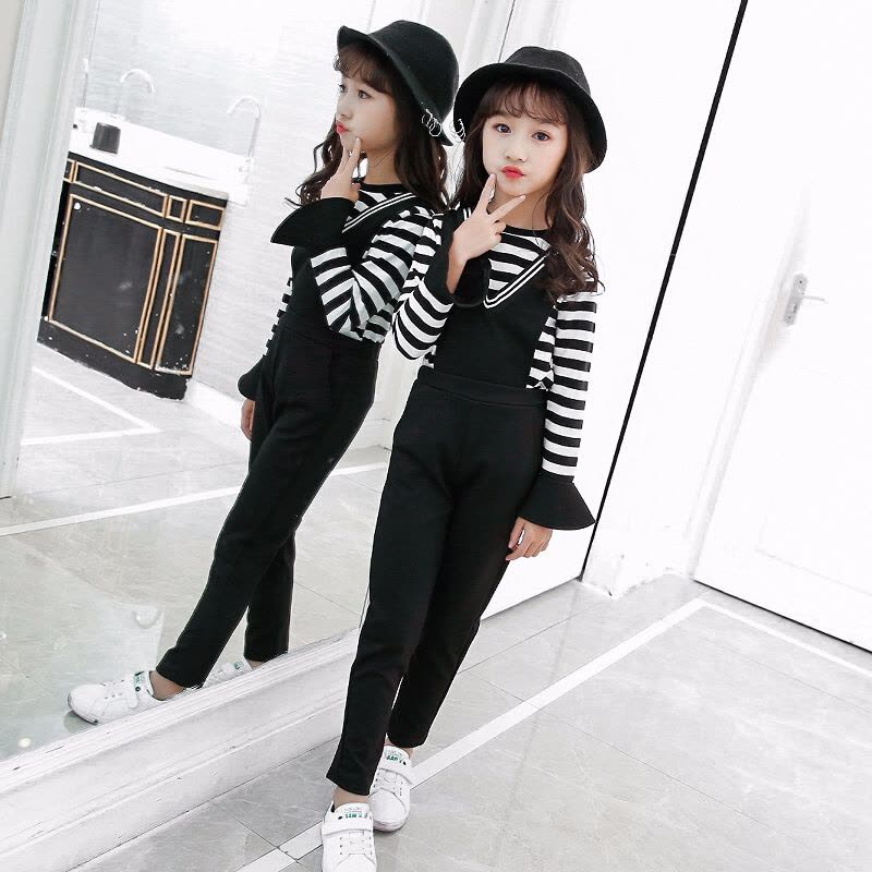 迪鲁奥（DILUAO)女童秋装套装女童秋装新款韩版中大童休闲条纹T恤背带裤两件套8岁B731-26 黑色图片