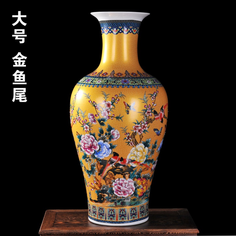 景德镇陶瓷器 仿古中式锦上添花落地大花瓶 客厅家居装饰品摆件 三维工匠 金喜报时节鱼尾瓶送木制旋转底座高清大图